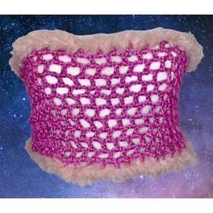 ✨💖💫Handmade Crochet Pink Mesh Crop Top with Pink Faux Fur Trim